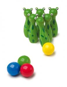Kegelspiel Frosch mit 6 bunten Holzkegeln aus Holz ab 3 Jahre