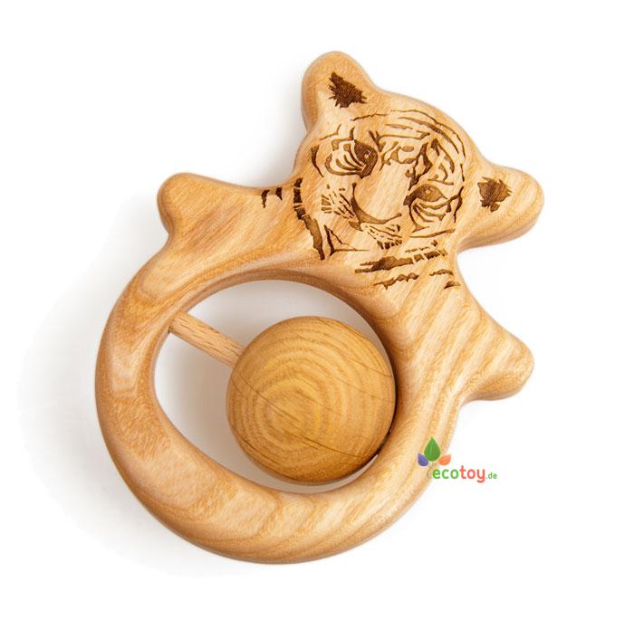 Holz Babyrassel Tiger Okologisches Babyspielzeug Aus Eschenholz Nach Waldorf Art Ecotoy De